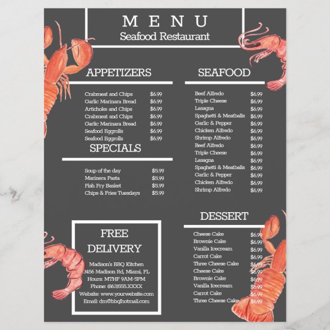 Menú de restaurante de parrilla de cangrejo de mar (Frente)