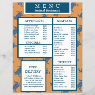 Menú de restaurante de parrilla de cangrejo de mar