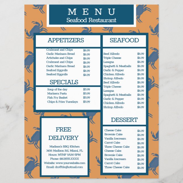 Menú de restaurante de parrilla de cangrejo de mar (Frente)