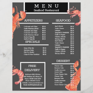 Menú de restaurante de parrilla de cangrejo de mar