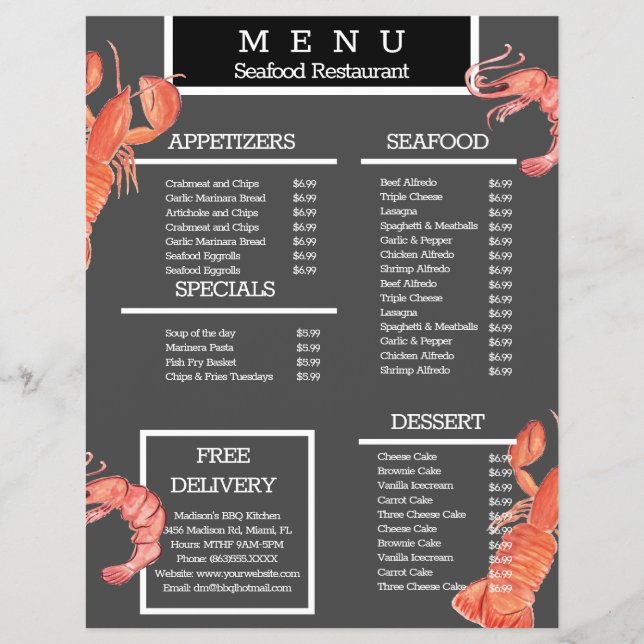 Menú de restaurante de parrilla de cangrejo de mar (Frente)