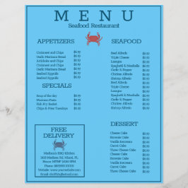 Menú de restaurante de parrilla de cangrejo de mar