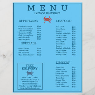 Menú de restaurante de parrilla de cangrejo de mar