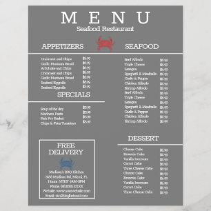 Menú de restaurante de parrilla de cangrejo de mar