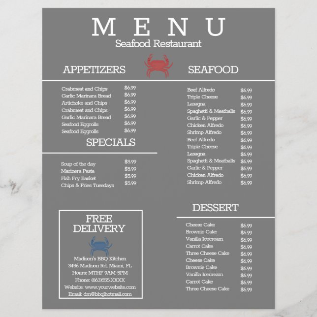 Menú de restaurante de parrilla de cangrejo de mar (Frente)