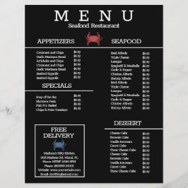 Menú de restaurante de parrilla de cangrejo de mar
