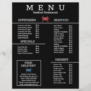 Menú de restaurante de parrilla de cangrejo de mar