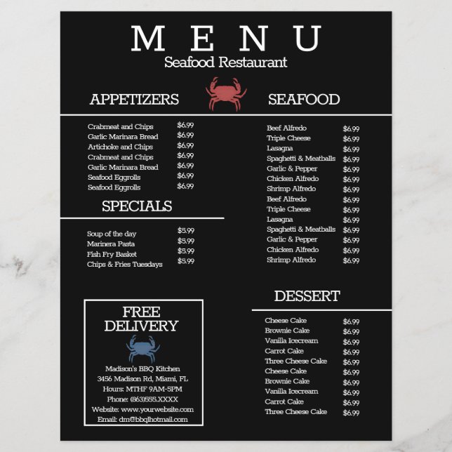 Menú de restaurante de parrilla de cangrejo de mar (Frente)