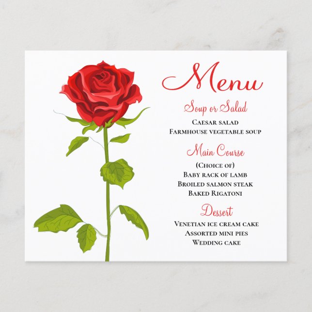 Menú de Rosa Roja Floral Boda Fiesta de Despedida  (Anverso)