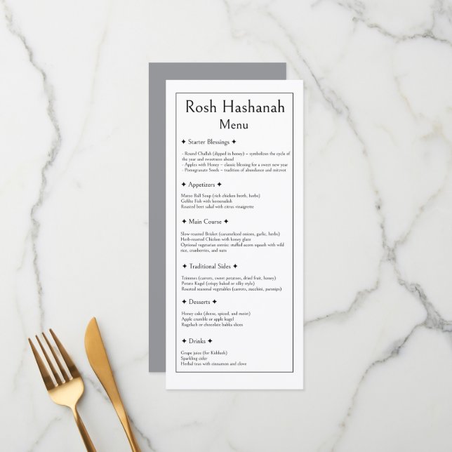 Menú de Rosh Hashaná, Moderno Tradicional Kosher (Anverso/Reverso In Situ)