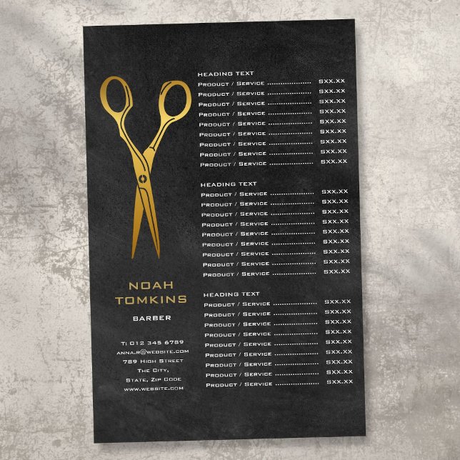 Menú de Servicio de Pizarrón de Tijeras de Oro par (Gold Scissors Barber Chalkboard Service Menu Flyer)
