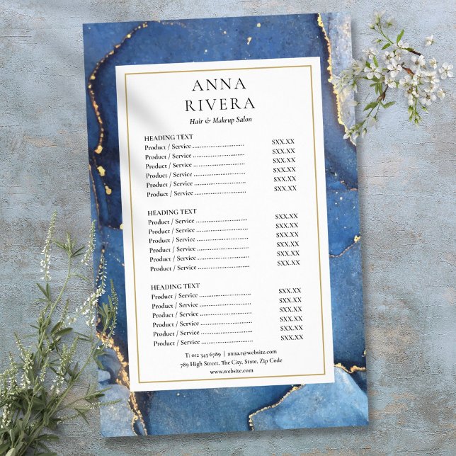 Menú de servicio de salón de Agate Marble Navy Gol (Agate Marble Navy Gold Glitter Salon Service Menu Flyer)