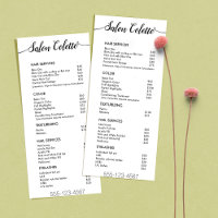 Menú de servicio de salón de caligrafía blanca sim