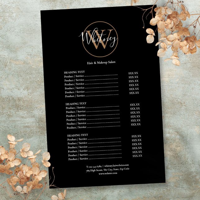 Menú de Servicio de Salón de Monogramas con guión  (Elegant Script Monogram Salon Service Menu Flyer)