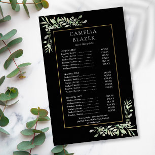 Menú de servicio de salón de verde acuarela negro