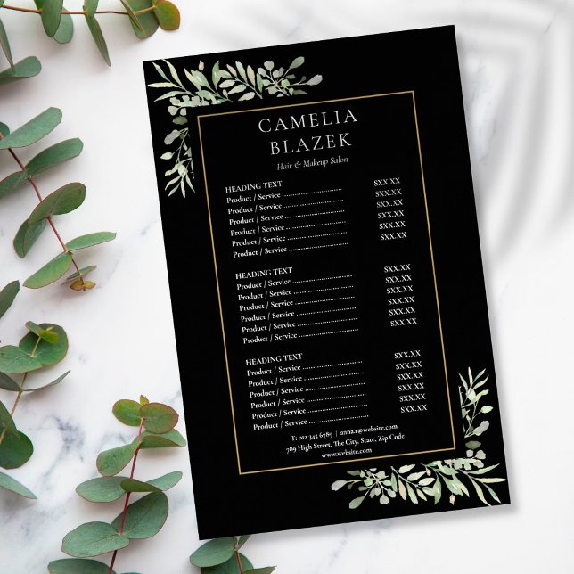 Menú de servicio de salón de verde acuarela negro  (Subido por el creador)