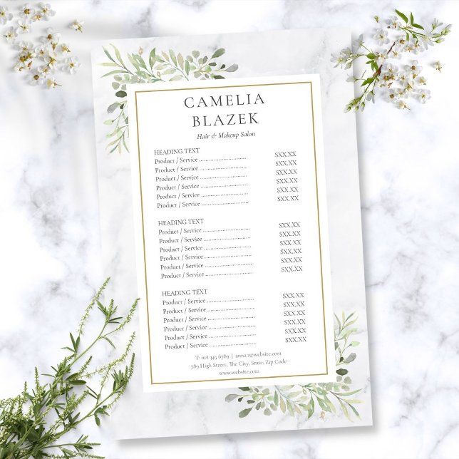 Menú de Servicio de Salón de Verduras de Mármol Bl (White Marble Greenery Salon Service Menu Flyer)
