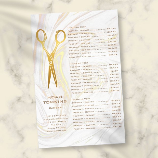 Menú de Servicio de Tijeras de Oro para Barbero de (Gold Scissors Barber Marble Service Menu Flyer)