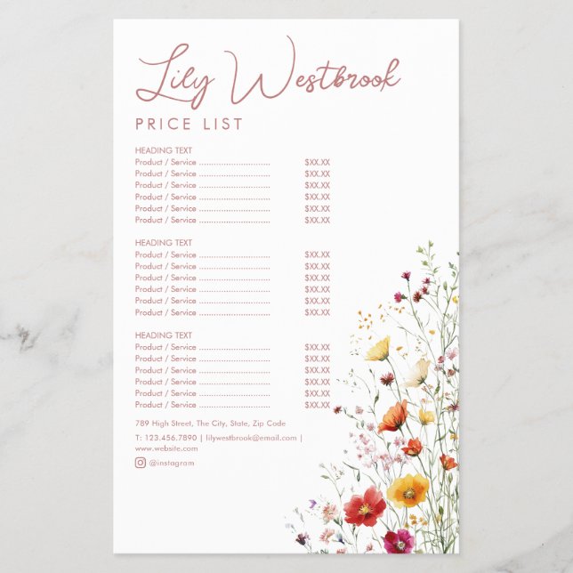 Menú de servicio elegante de flores silvestres con (Frente)