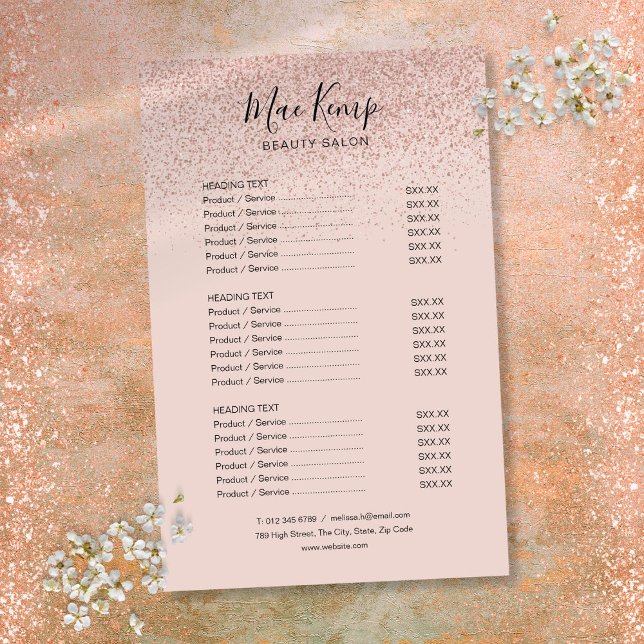 Menú de servicios de salón con brillo de oro rosa (Rose Gold Glitter Salon Service Menu Flyer)