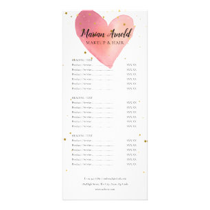 Menú de servicios de salón de corazón de acuarela
