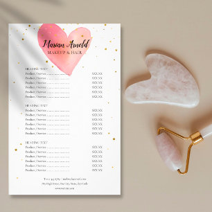 Menú de servicios de salón de corazón de acuarela