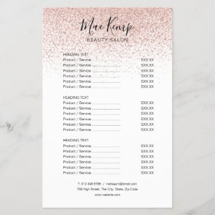 Menú de servicios de salón de glitter rosa dorado