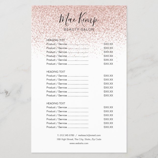 Menú de servicios de salón de glitter rosa dorado  (Frente)