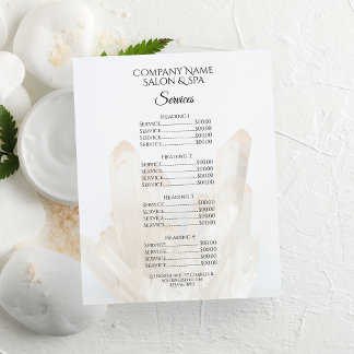 Menú de servicios de salón de spa Crystals Blancos