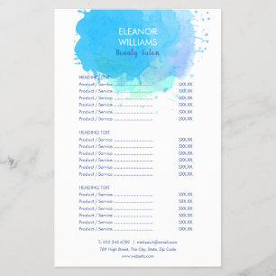 Menú de Servicios de Salón de Splash Acuarela Azul