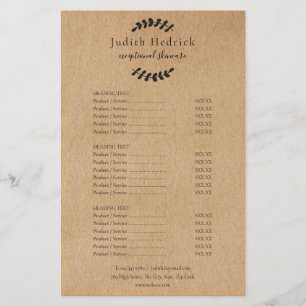 Menú de Servicios de Salón Kraft Rústico Laurel Le