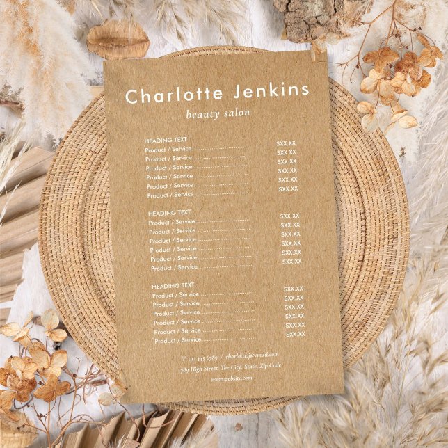 Menú de servicios de salón Kraft rústico minimalis (Modern Minimalist Rustic Kraft Salon Service Menu Flyer)