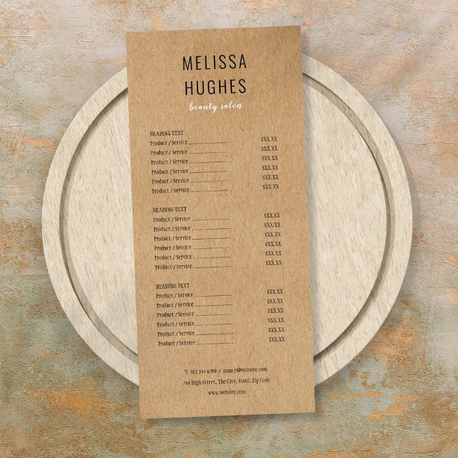 Menú de servicios de salón kraft rústico moderno s (Simple Modern Rustic Kraft Salon Service Menu)
