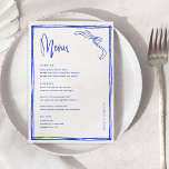 Menú de tabla de Boda francés azul manuscrito<br><div class="desc">Tarjetas de mesa Boda francesas manuscritas Menú plano Menús elegantes con Boda de comida y bebida | Caligrafía Simple Menús Bodas Rústicos Bodas,  Menú Boda Rústico,  Menú Vegetación Floral,  Menú Tabla Boda</div>