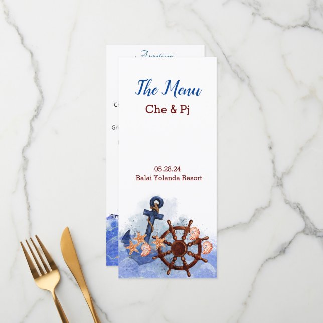 Menú de Tema de Boda de Playa Náutica (Anverso/Reverso In Situ)