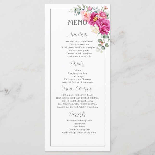 Menú de vegetación de eucalipto con peonías y rosa (Anverso)