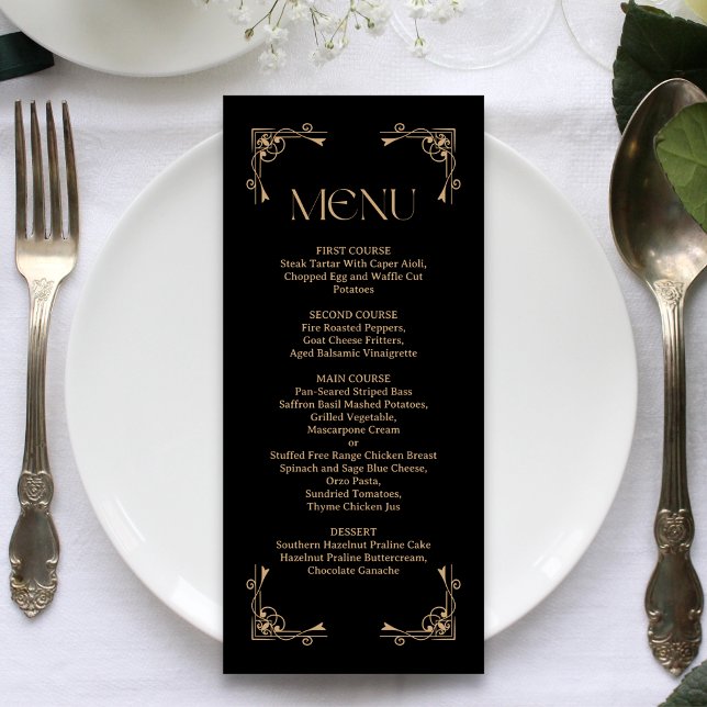 Menú Deco Moderno | Boda Elegante de Negro y Dorado (Elegant black and gold wedding menu elevates your table with refined style and easy reading)