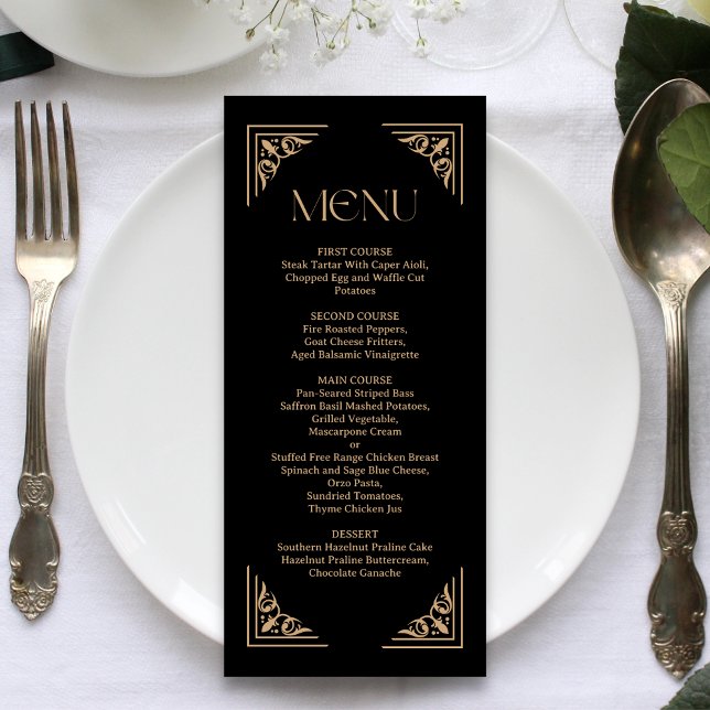 Menú Deco Moderno | Boda Elegante de Negro y Dorado (Elegant black and gold wedding menu highlights your dishes with sleek personalized elegance)