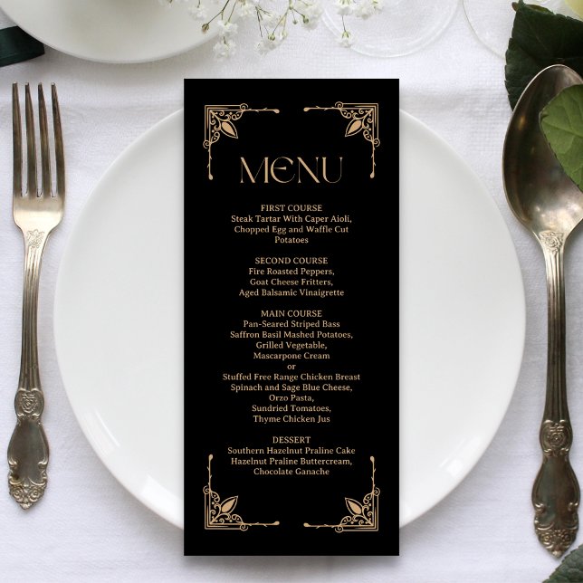 Menú Deco Moderno | Boda elegante en negro y dorado (Modern deco black and gold wedding menu adds elegant style to showcase your reception feast.)