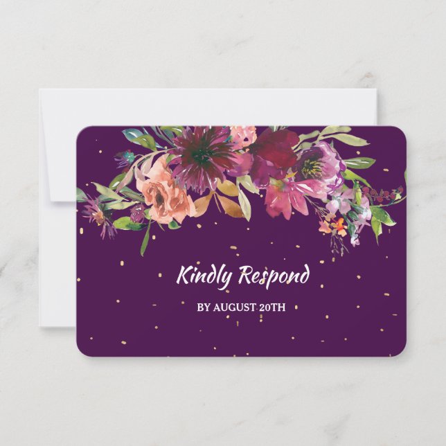 Menú Deep Purple Floral Gold Confetti Wedding RSVP (Anverso)