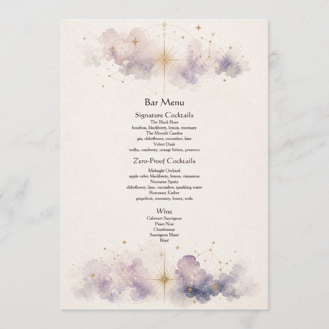 Menú del Bar de Bodas Celestiales (Anverso)