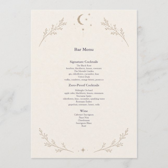 Menú del Bar de Bodas Celestiales (Anverso)