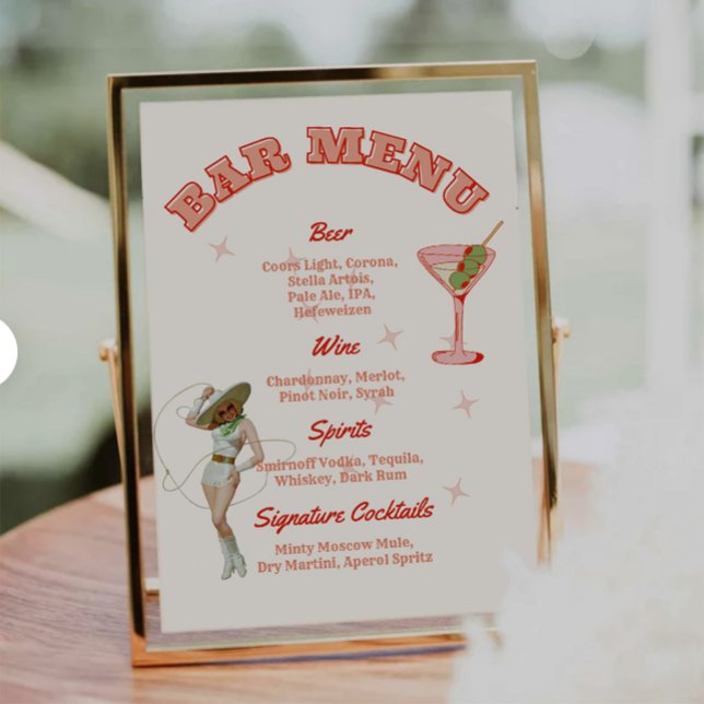 Menú del Bar Western Cowgirl Cócteles Destacados (western wedding bar menu, cowgirl cocktail menu sign, rustic country bar sign, custom rodeo party me)