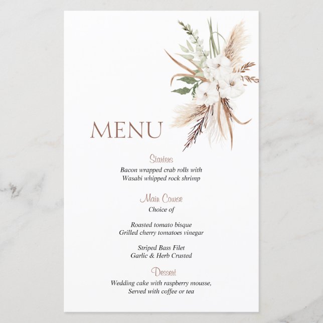 Menú del boda de flores beige boho (Anverso)