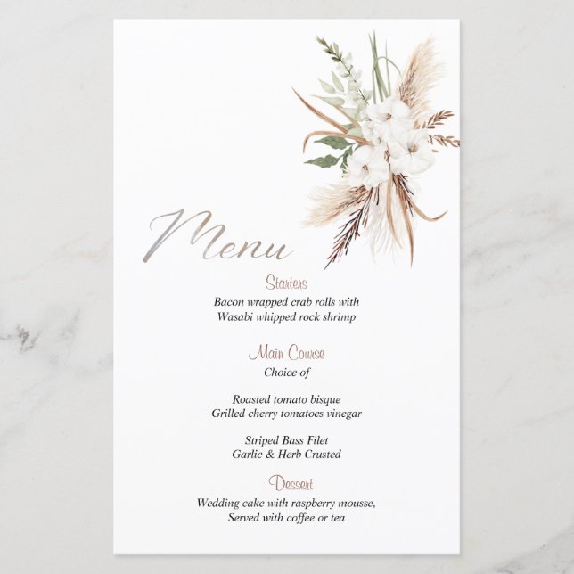 Menú del boda de flores beige del Boho de caligraf (Anverso)