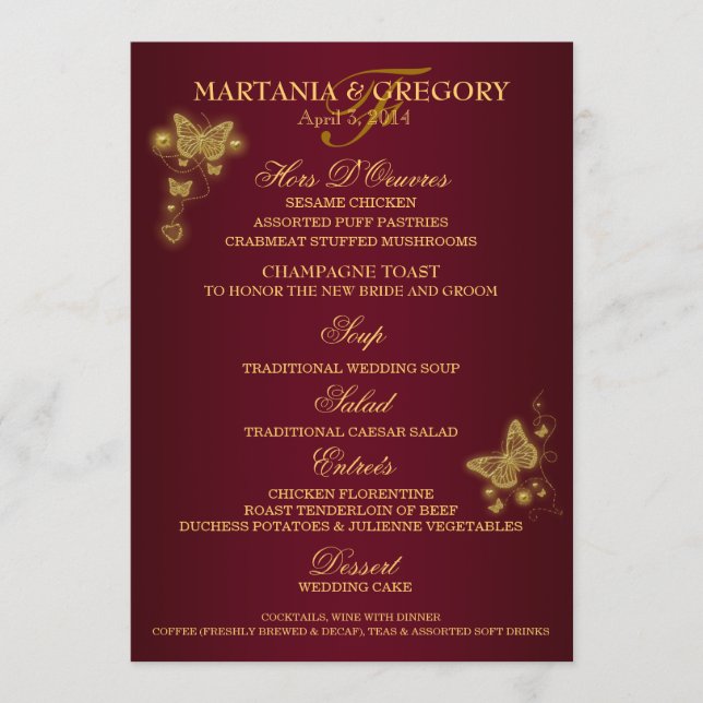 Menú del boda de la mariposa del oro de Borgoña (Anverso)