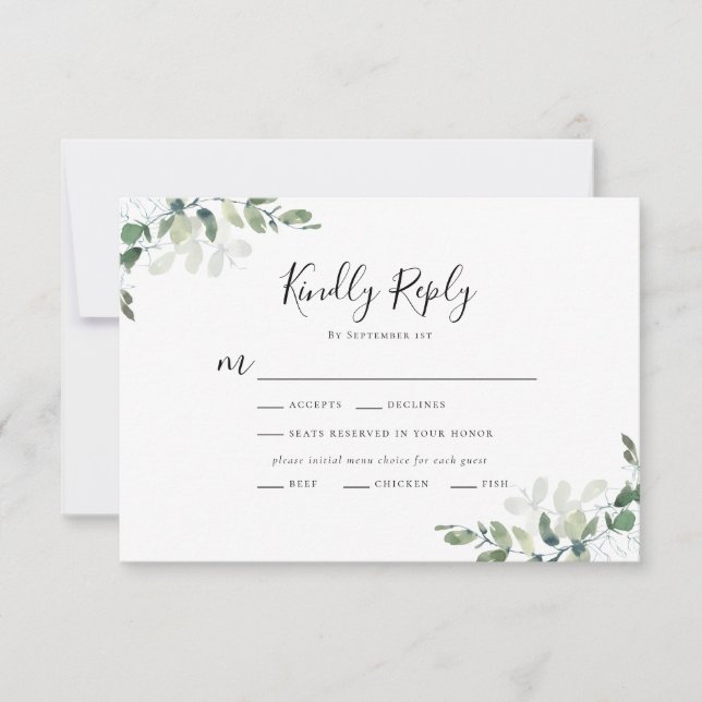Menú del Boda Eucalyptus Elección Tarjeta RSVP (Anverso)