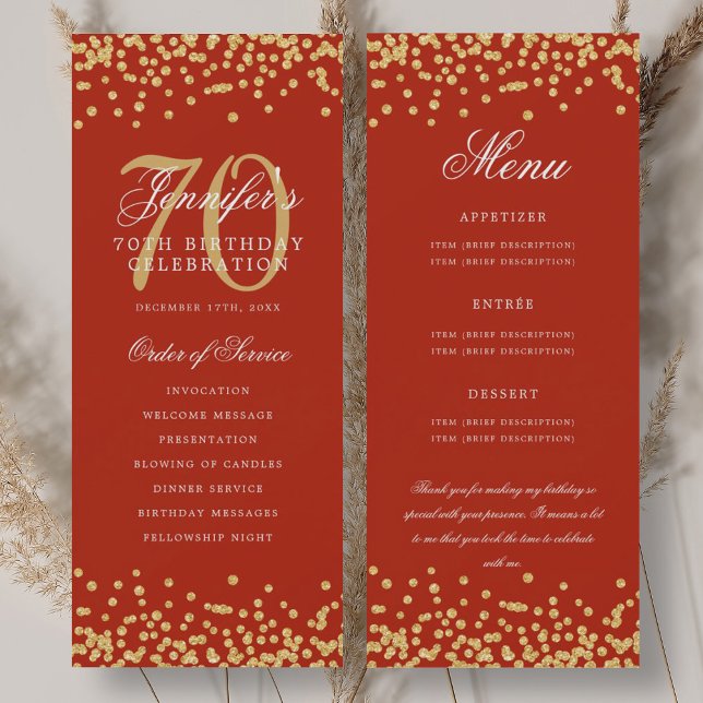 Menú del programa de cumpleaños 70 Gracias Red de  (70th Birthday Program Menu Thank You Gold Red )