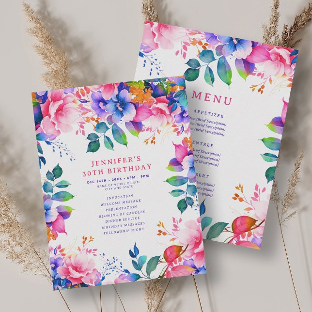 Menú del programa de cumpleaños Garden Watercolor  (Garden Watercolor Floral 30 Birthday Program Menu )