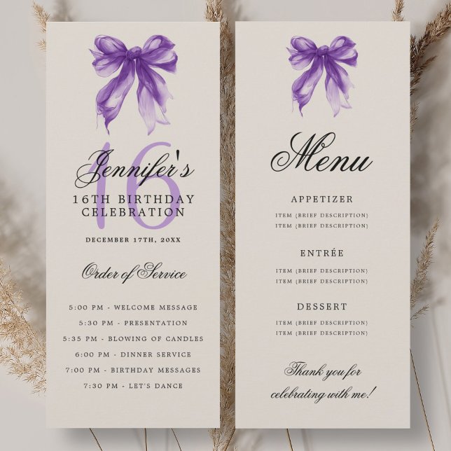 Menú del Programa de Cumpleaños número 16 con Lazo (Elegant Purple Bow 16th Birthday Program Menu)